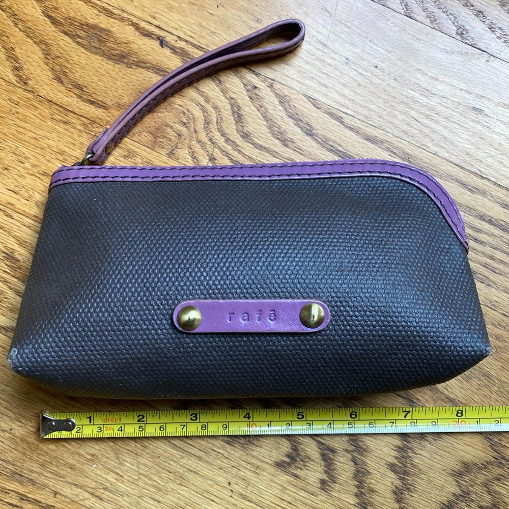 EUC! Rafe New York Olive/Gray Waxed Canvas Wristlet Purse W/ Purple Leather Trim